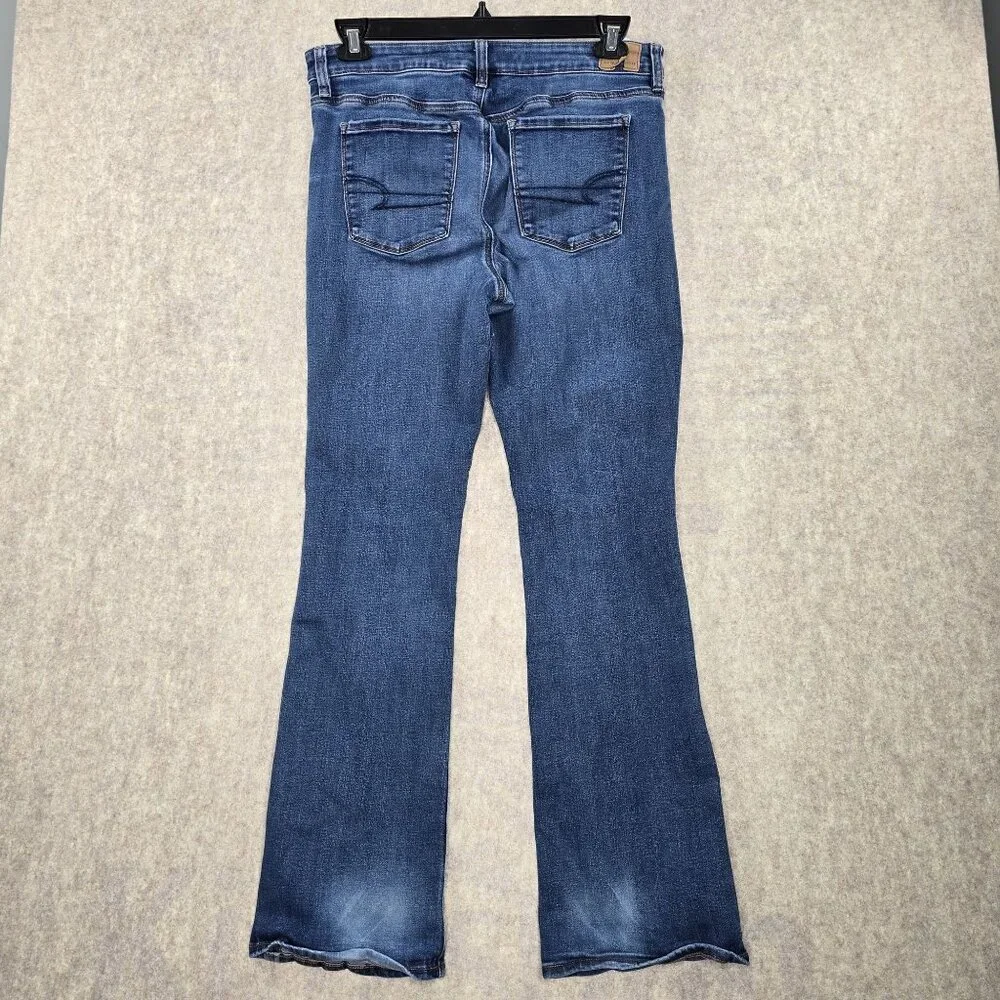 American Eagle Womens Flared Jeans Dark Wash Size 12 Stretch Denim Distressed - Picture 2 of 10